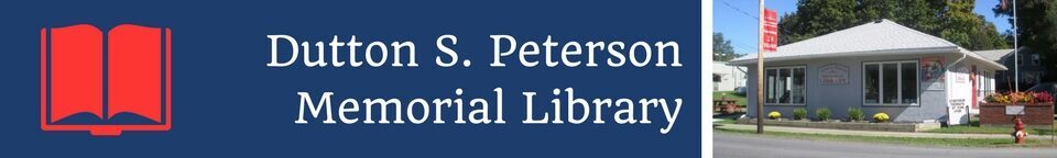 Dutton S. Peterson Memorial Library logo with photo of library building on a sunny day.