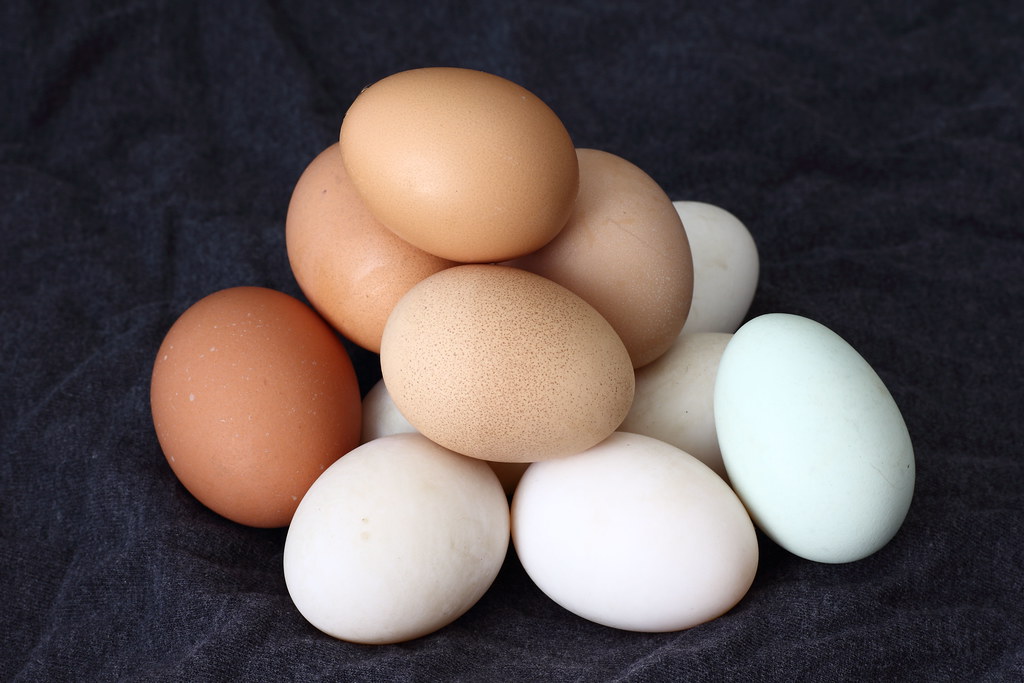 Pile of chicken eggs sitting on a dark table