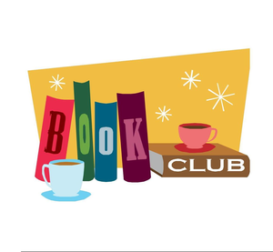 Day Book Club Clip art featuring books that spell out "Book Club" with coffee cup.