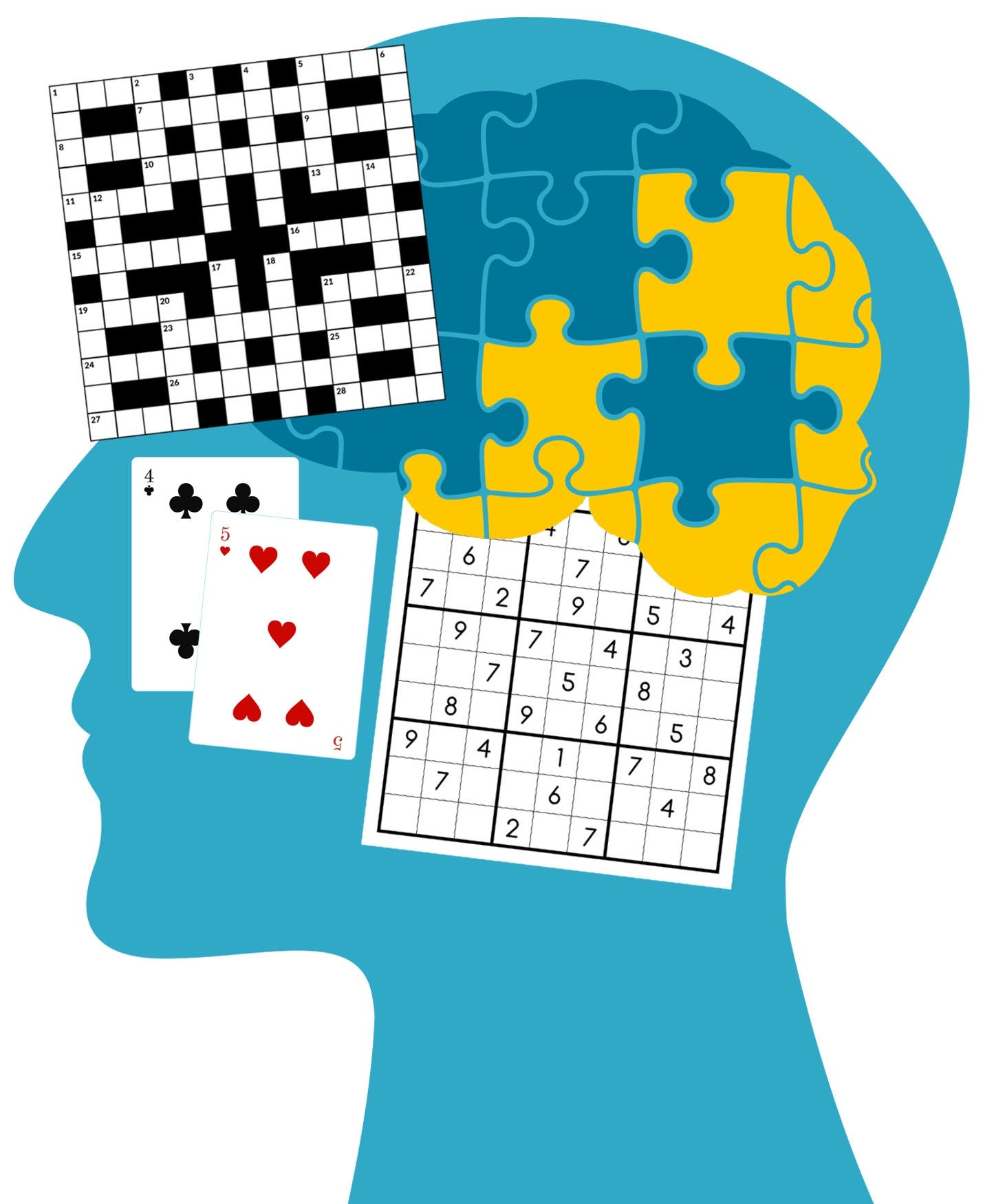 brain games image Clip-art of a person's head filled with puzzles, games, and playing cards