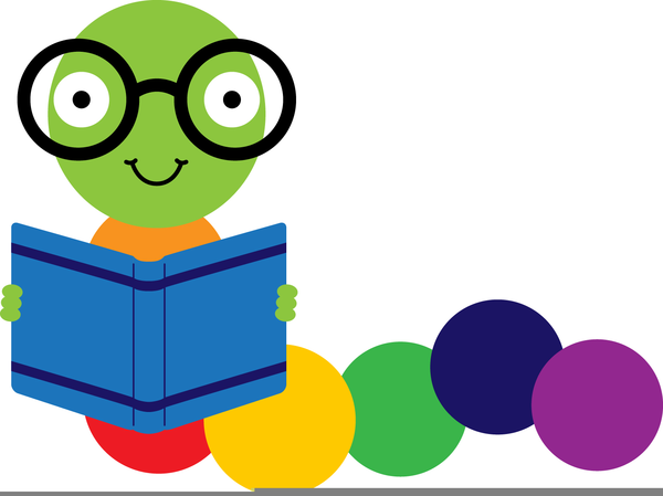 Colorful clip-art bookworm with glasses reading an untitled book.