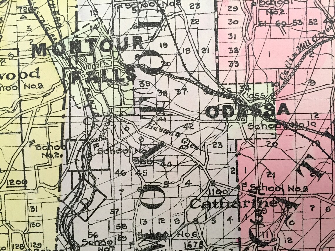 Old colored map Schuyler County, clearly showing Montour Falls, Odessa, and Catharine