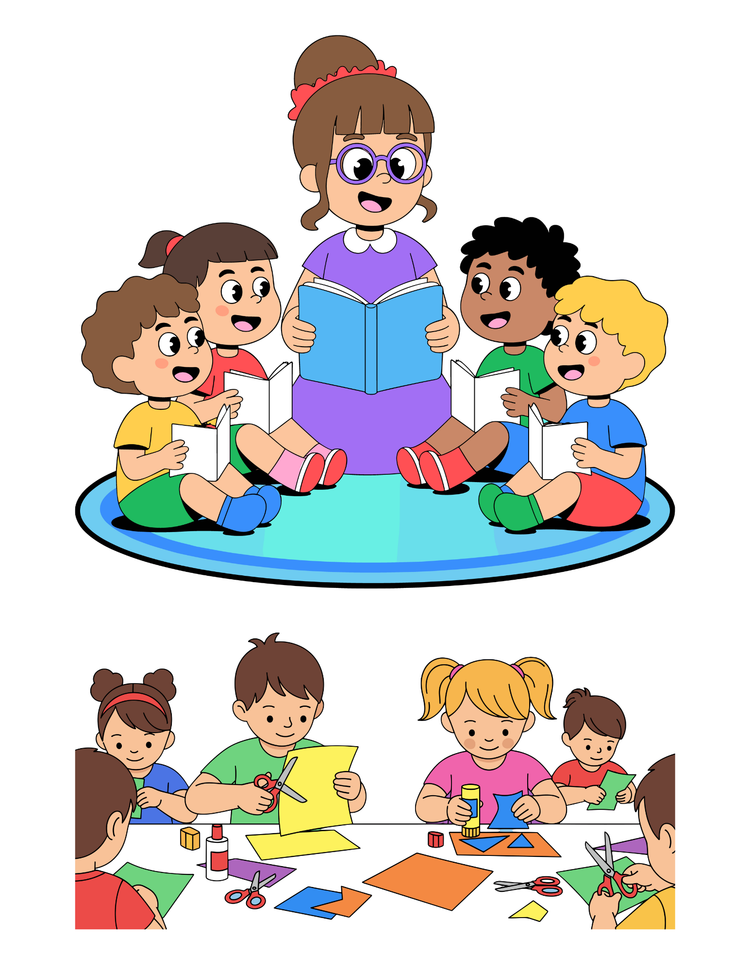 adult reading to children and children crafting